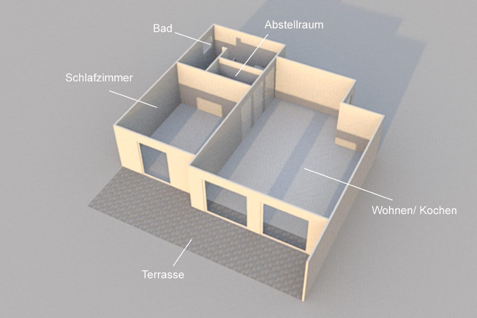 Wohnung mit Schlafzimmer, Bad, Wohnbereich, Terrasse und Abstellraum.