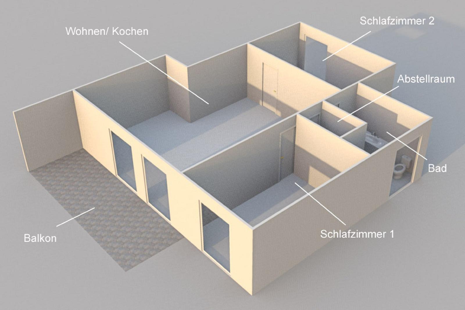 Wohnung mit zwei Schlafzimmern, Bad, Balkon und Wohn-/Kochbereich.