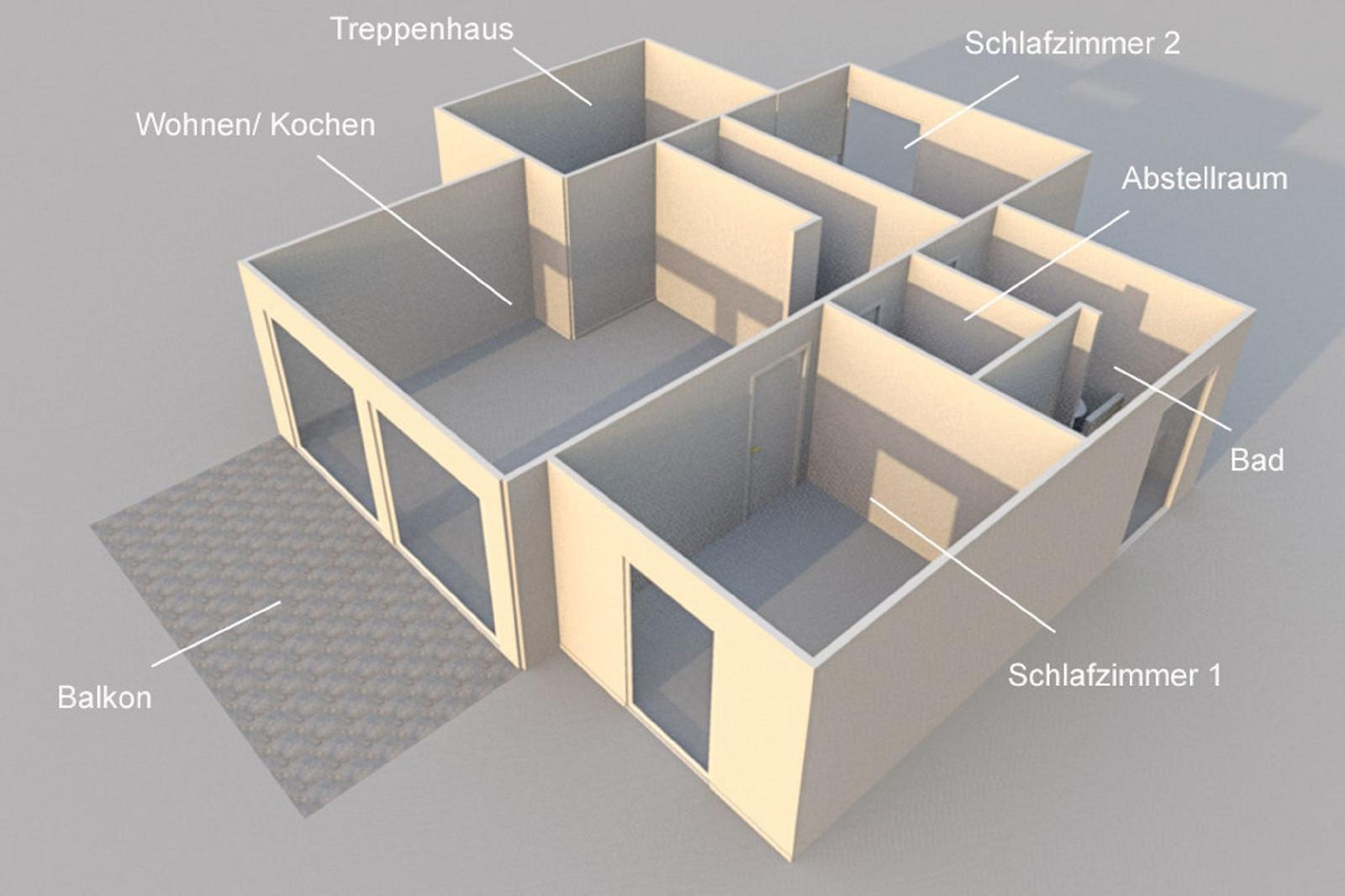 Wohnung mit zwei Schlafzimmern, Bad, Balkon und Treppenhaus.
