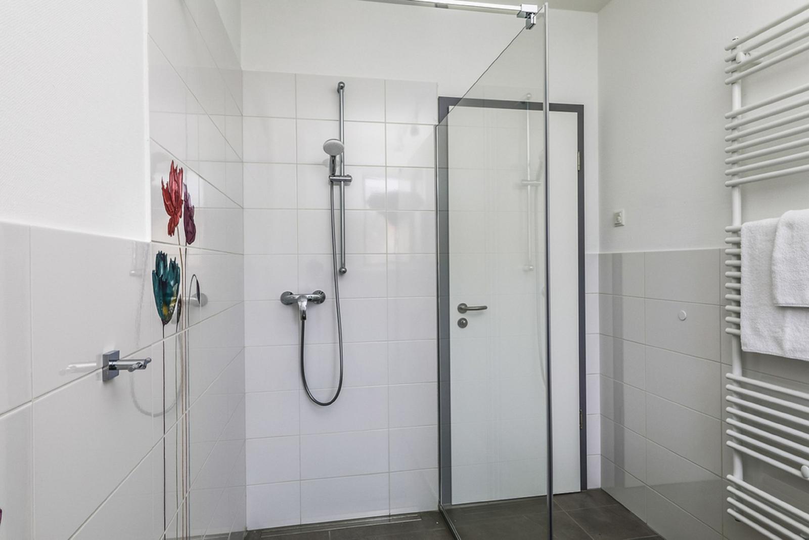 Dusche mit Glaswand, Duschbrause und Handbrause, Wandheizung und Handtuchhalter.