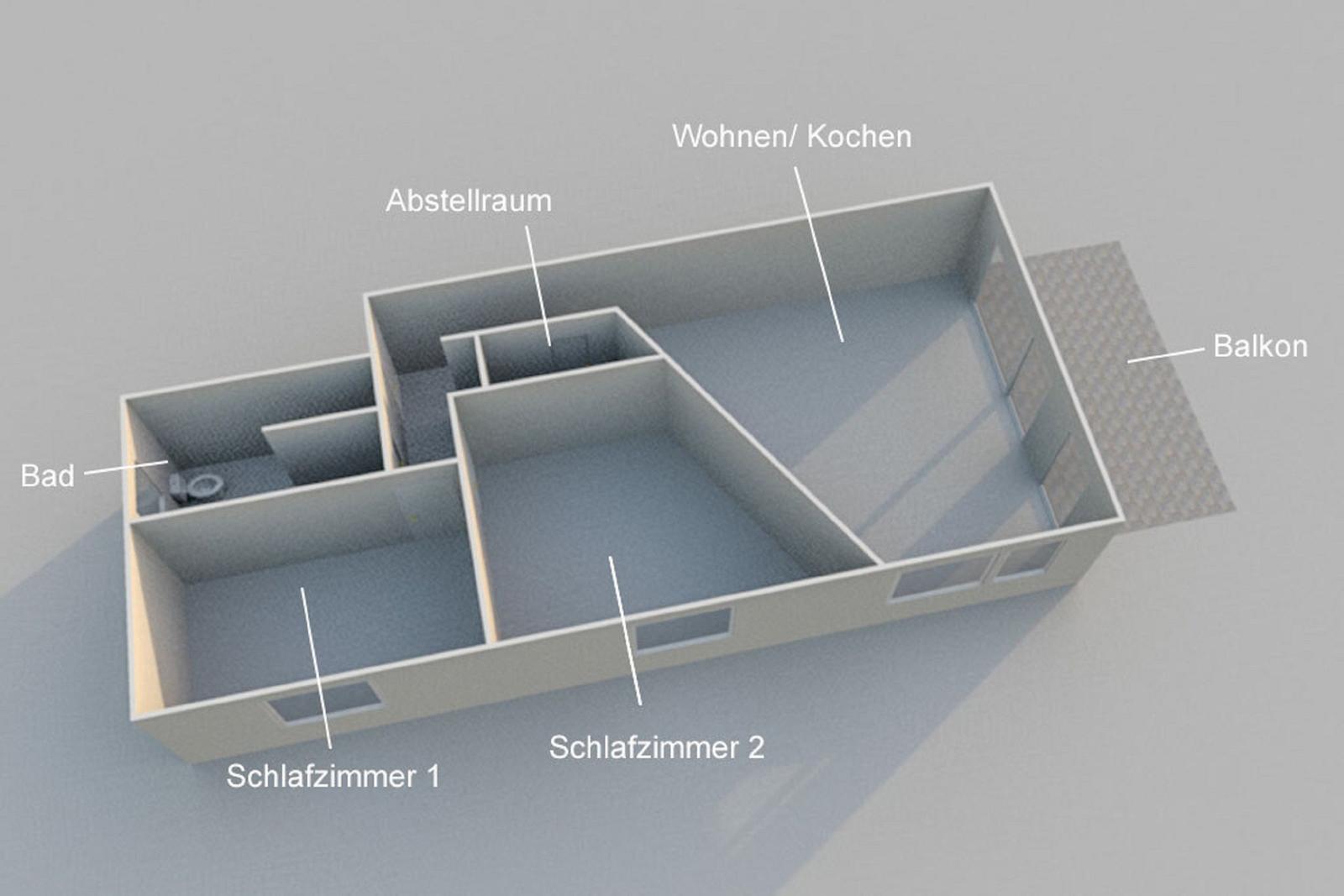 Dieses Haus hat zwei Schlafzimmer, ein Bad, einen Wohnbereich, einen Balkon und einen Abstellraum.