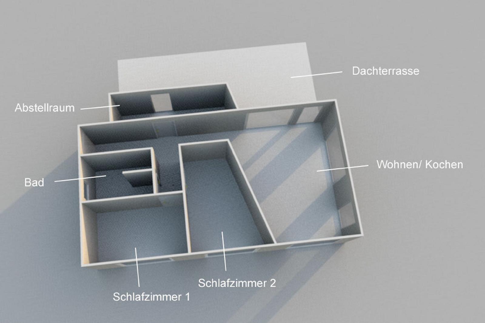 Übersicht über die Räume: Schlafzimmer, Bad, Wohnküche, Dachterrasse und Abstellraum.