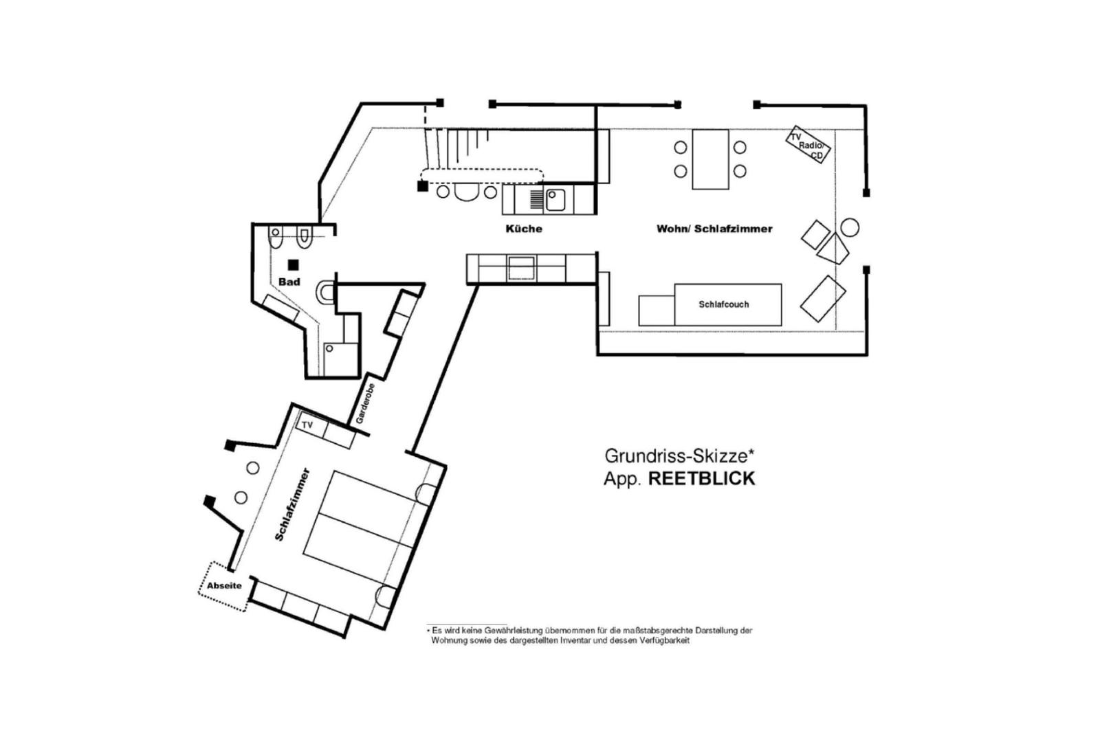 Grundriss der Wohnung REETBLICK mit Küche, Wohnbereich, Schlafzimmer und Bad.