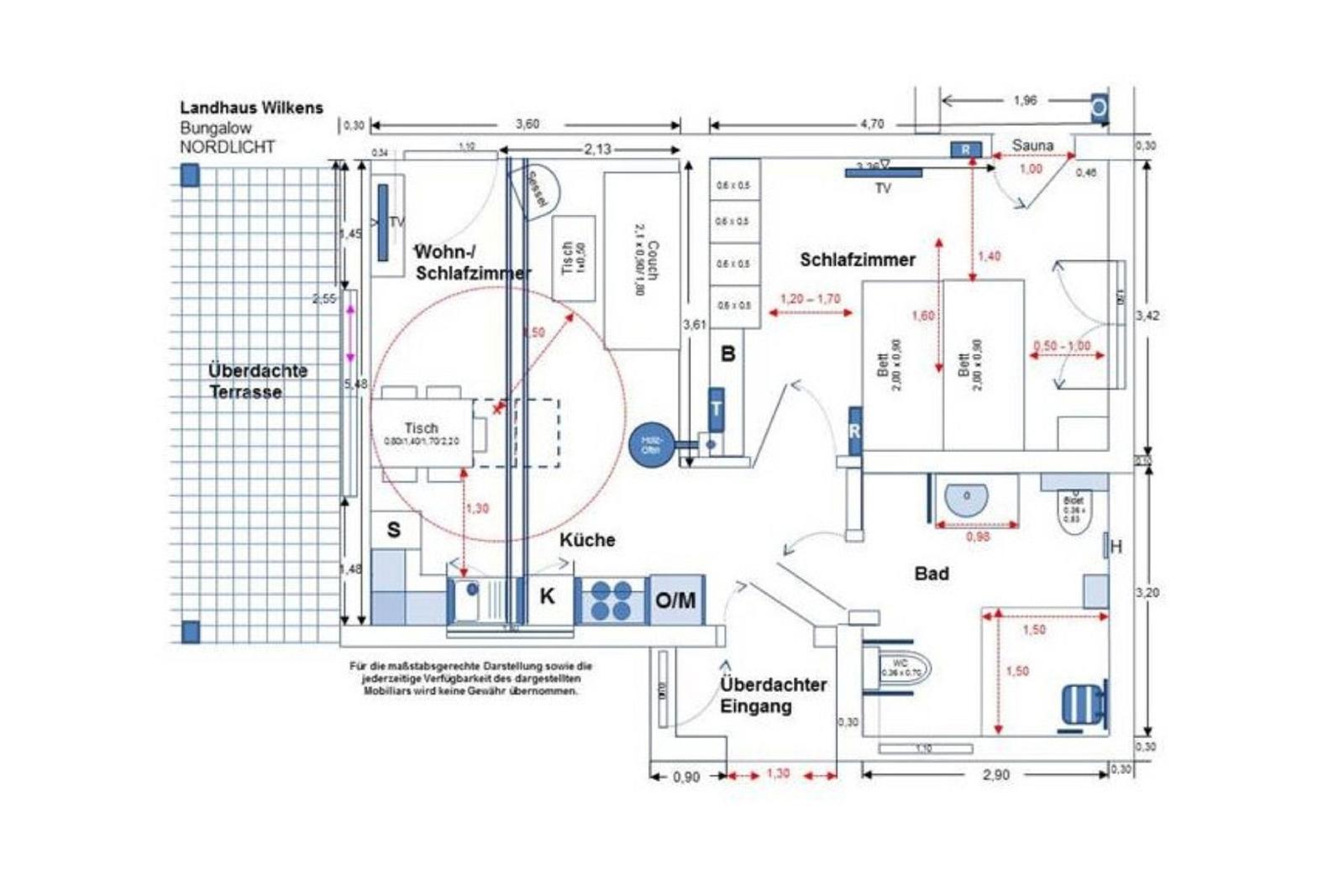 Plan des Bungalows mit Wohnbereich, Küche, Schlafzimmer, Bad und Sauna.