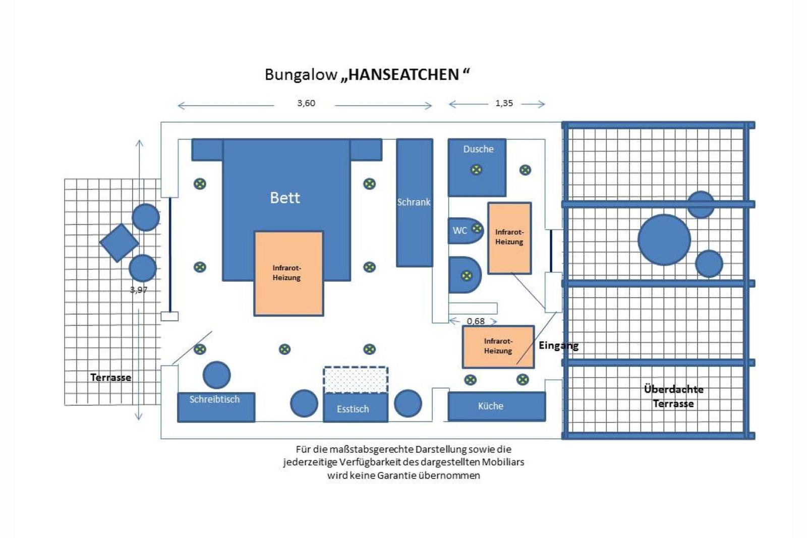 Bungalow mit Schlafzimmer, Küche, Bad und Terrasse. Infrarot-Heizung vorhanden.