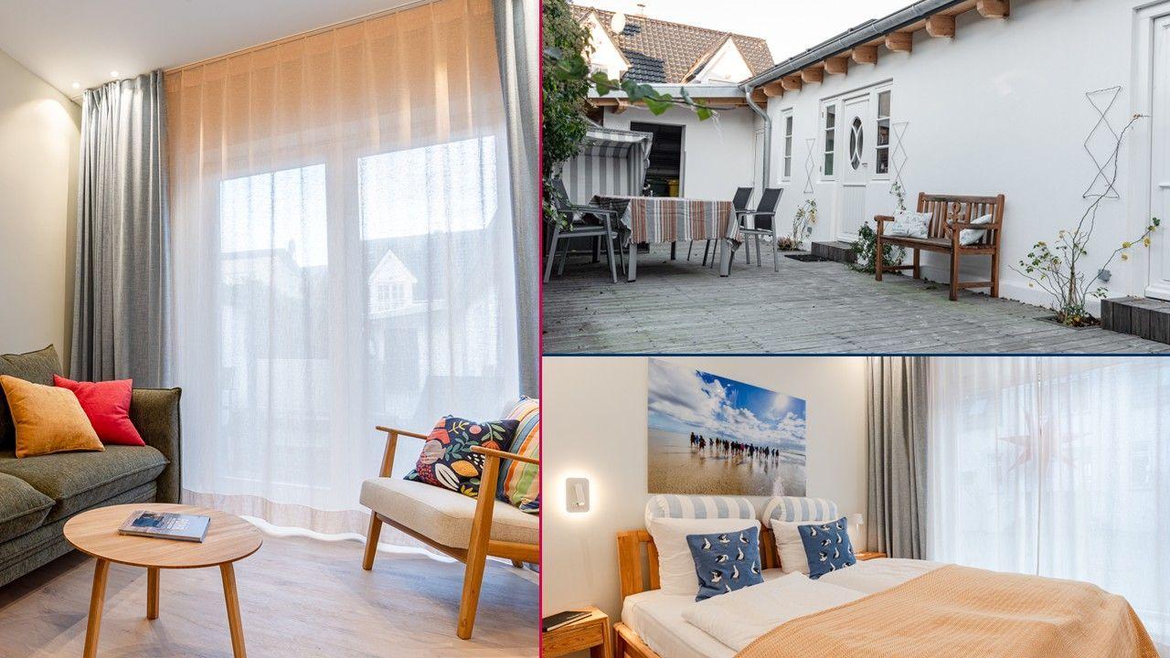 Wohnzimmer mit Sofa, Sessel und großem Fenster. Außenbereich mit Tisch und Bank. Schlafzimmer mit Bett und Wandbild.