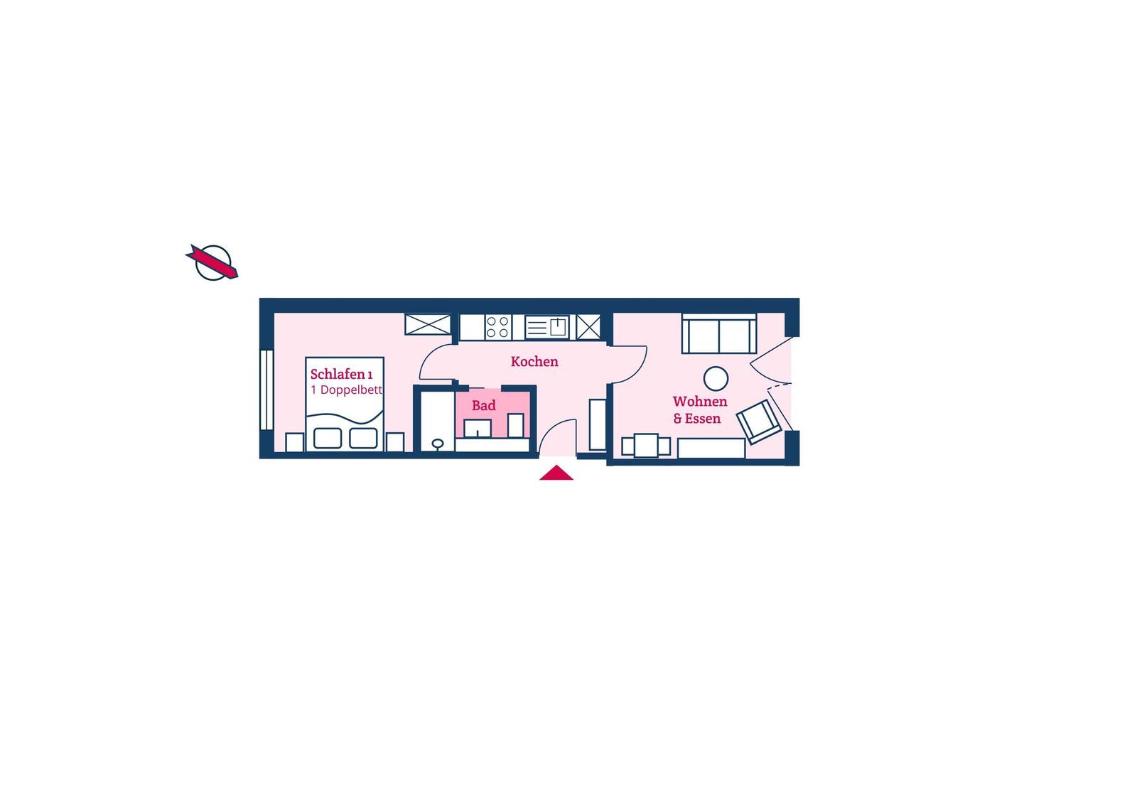 Dieses Apartment hat einen Schlafbereich, eine Küche, ein Bad und einen Wohnbereich.