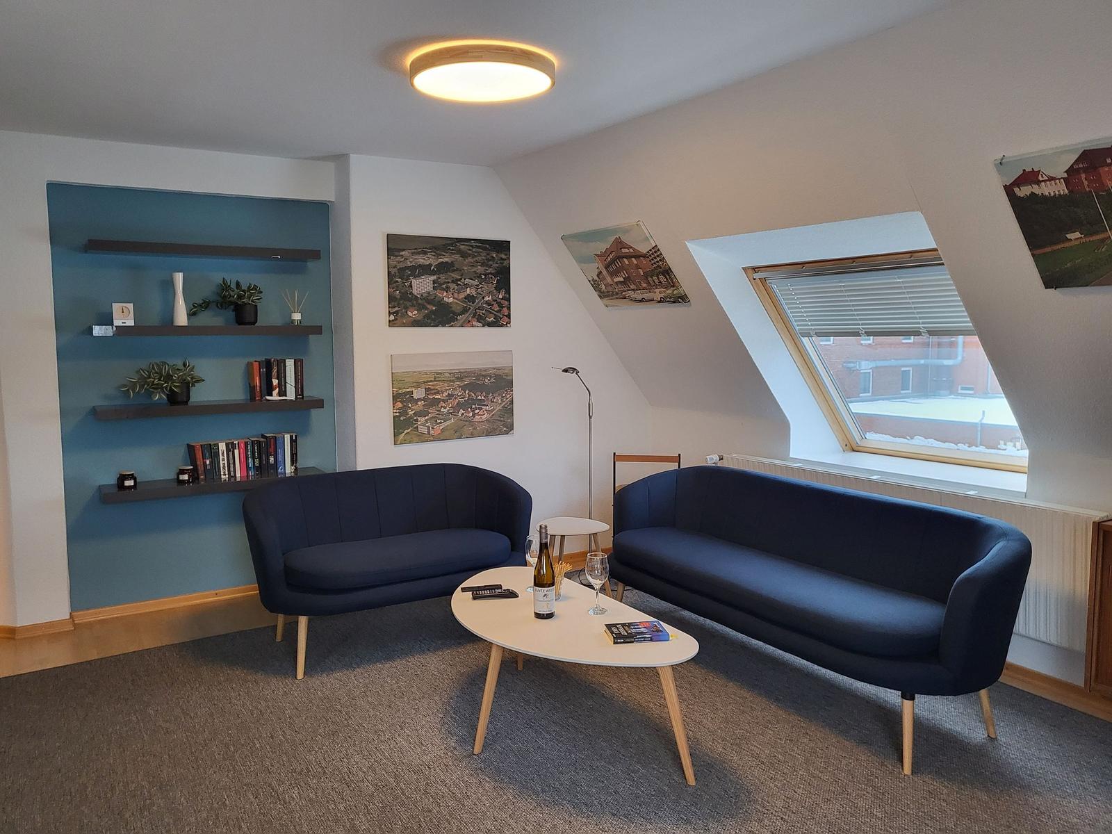 Zwei blaue Sofas stehen in einem Raum mit Dachfenster und Bücherregal an der Wand.