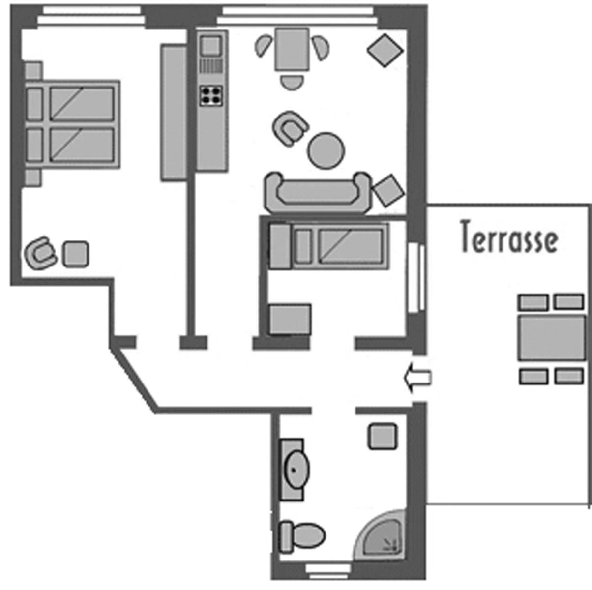 Wohnung mit Küche, Wohnzimmer, Schlafzimmer, Bad und Terrasse.