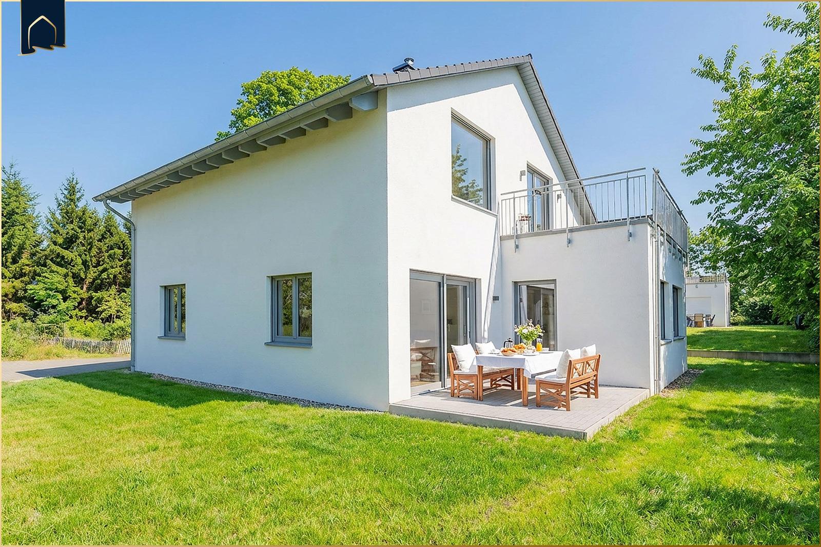 Moderne Villa mit Terrasse und Garten. Tisch mit Stühlen im Freien.