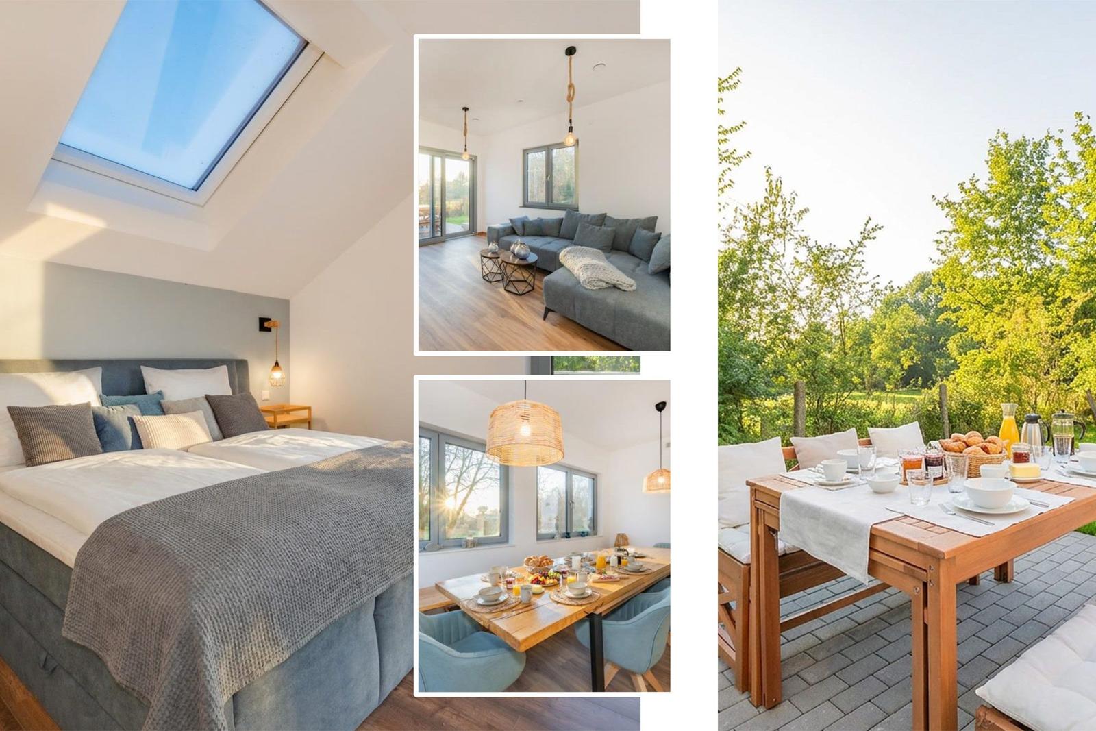 Schlafzimmer mit Dachschrägen, Wohnbereich mit Sofa, Essbereich und Außenterrasse mit Frühstück.