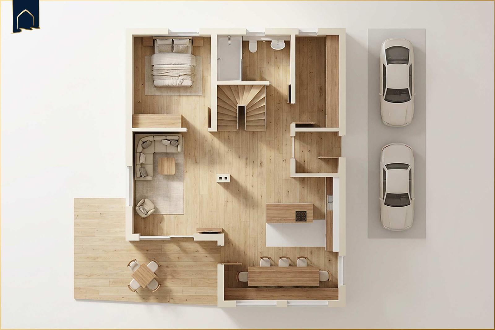 Wohnung mit Schlafzimmer, Wohnbereich, Küche und Bad. Außenbereich mit Parkplätzen.