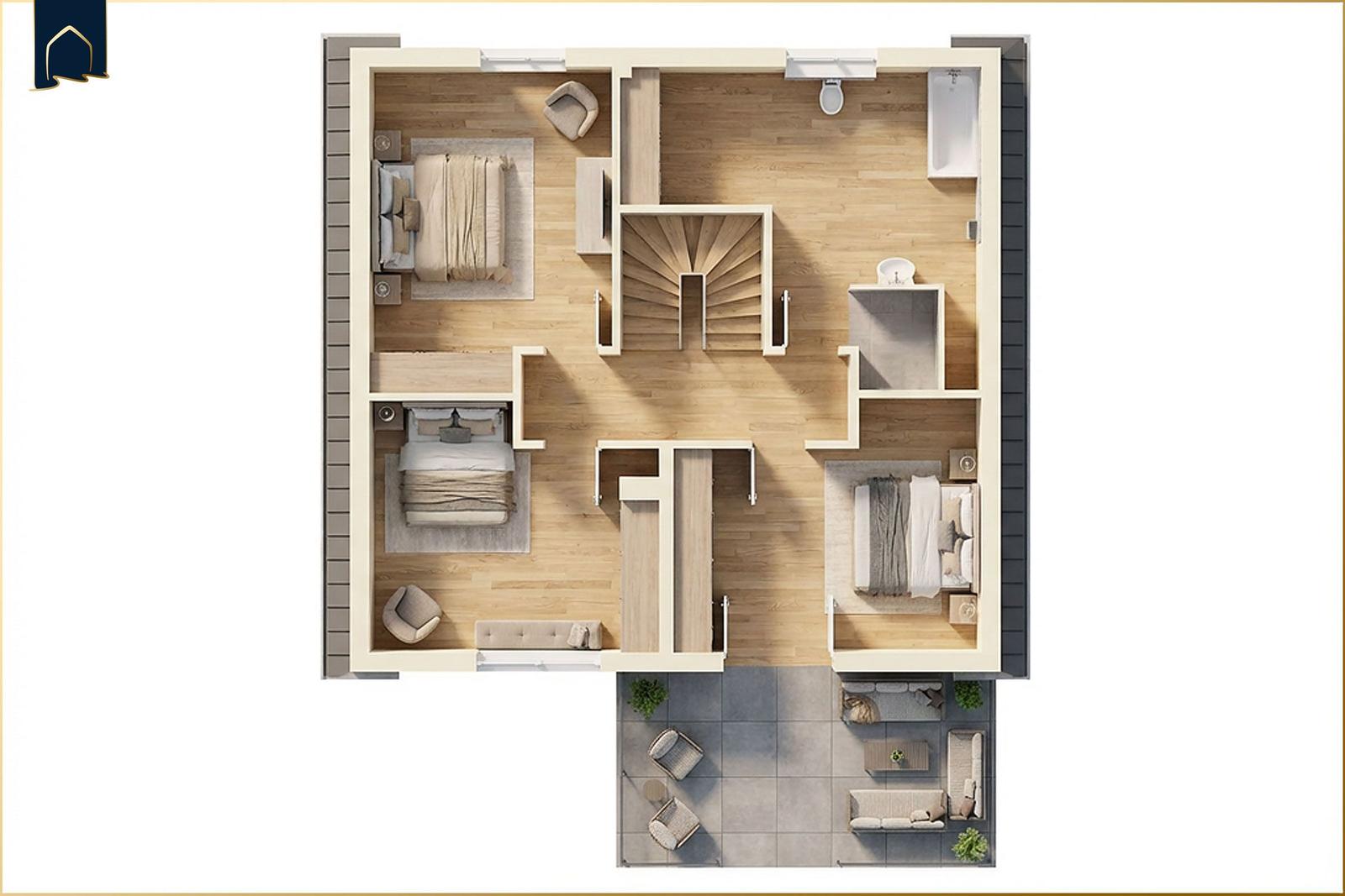 Drei Schlafzimmer, Bad und Terrasse mit Sitzgelegenheiten.