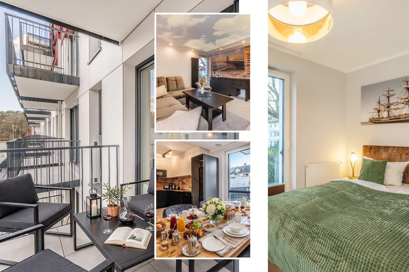 Modern eingerichtetes Apartment mit Balkon, Küche, Wohnzimmer und Schlafzimmer mit Bett und Wandbild.