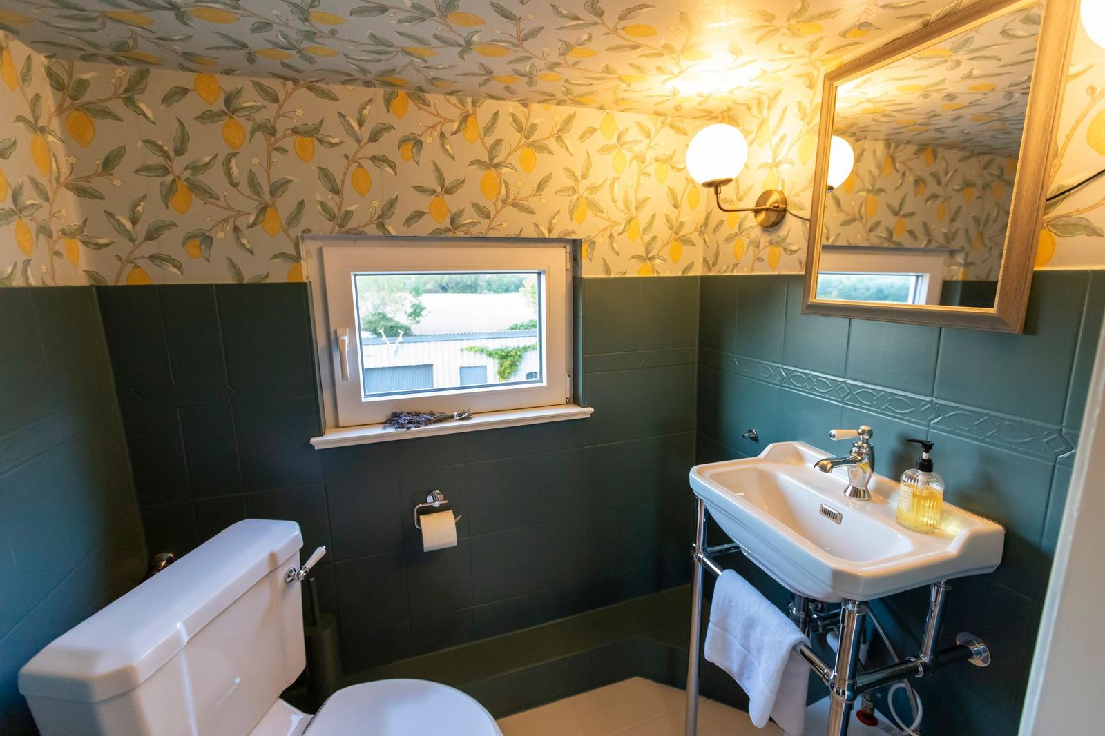 Badezimmer mit Zimtbaumtapete, grünen Fliesen und weißem Waschbecken.