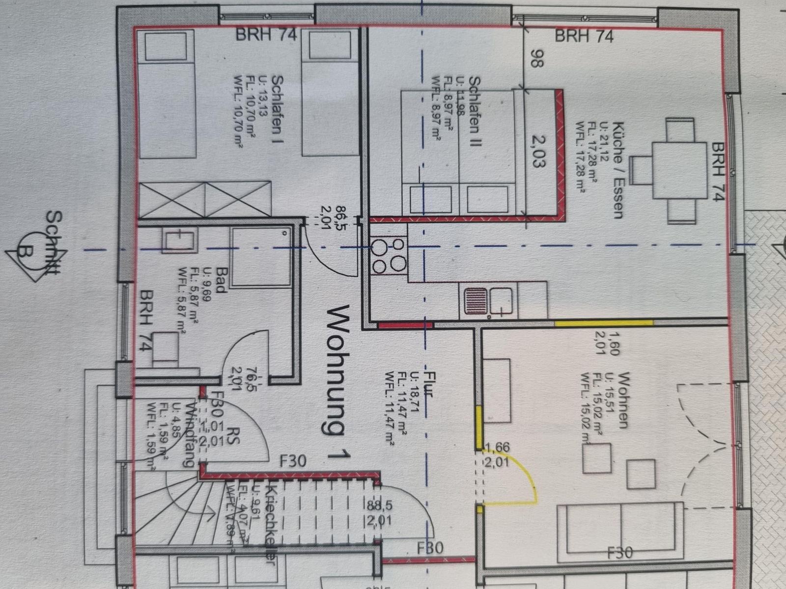 Apartment with kitchen, two bedrooms, bathroom, and living area. Areas marked.