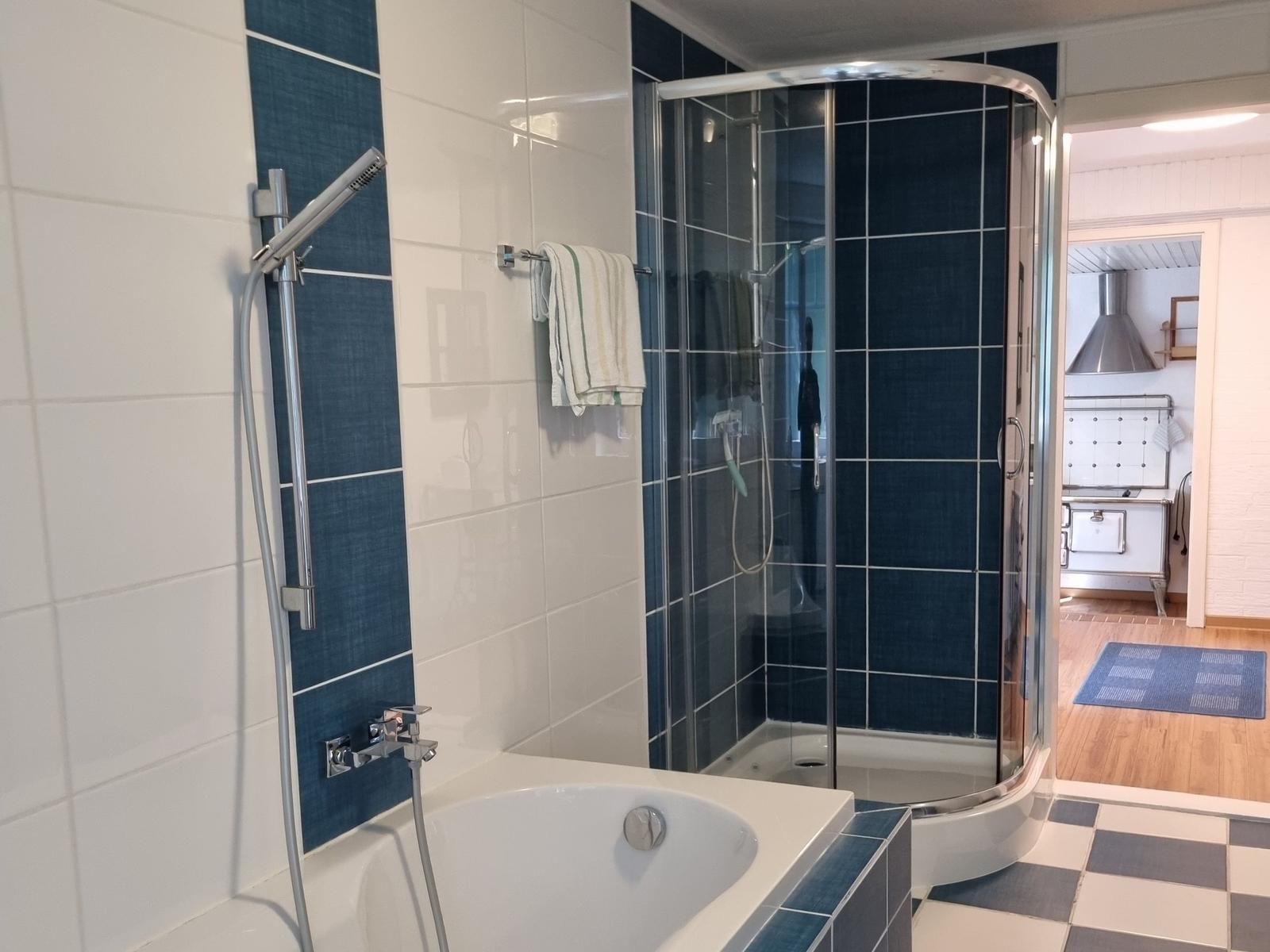Bath with shower and bathtub, blue-white tiles, towel rack, view into kitchen.