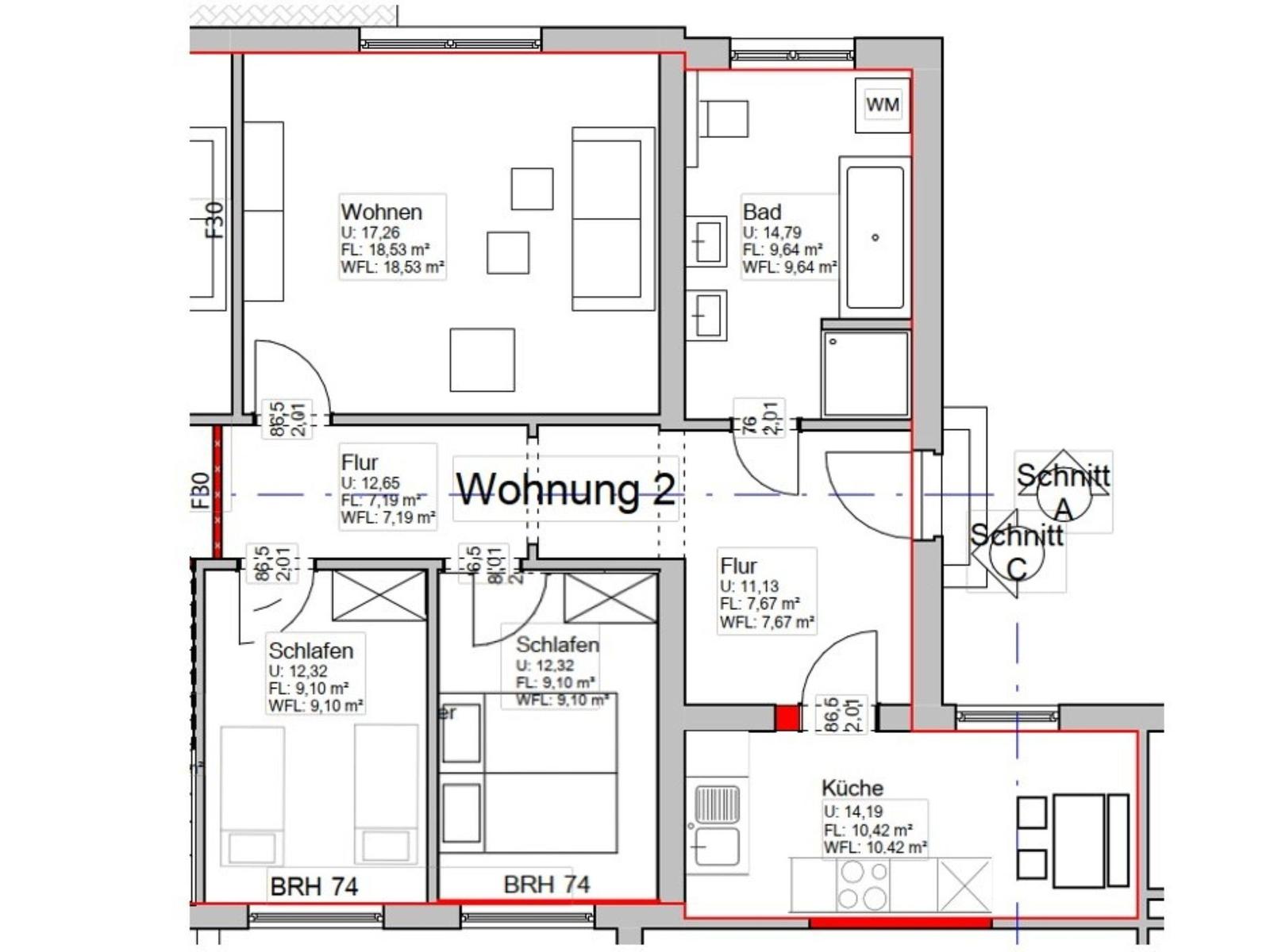 Apartment 2 with living room, kitchen, bathroom, and two bedrooms.