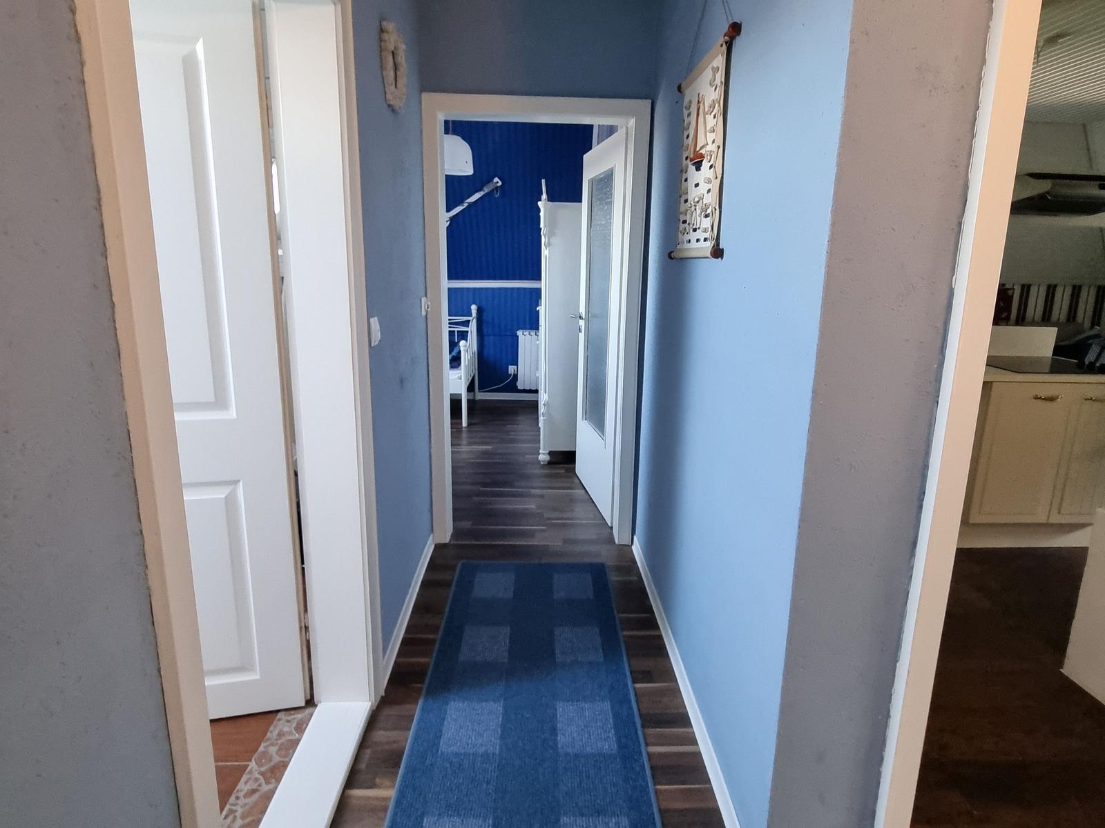 Hallway with blue walls, rug, and view into bedroom with blue wall.