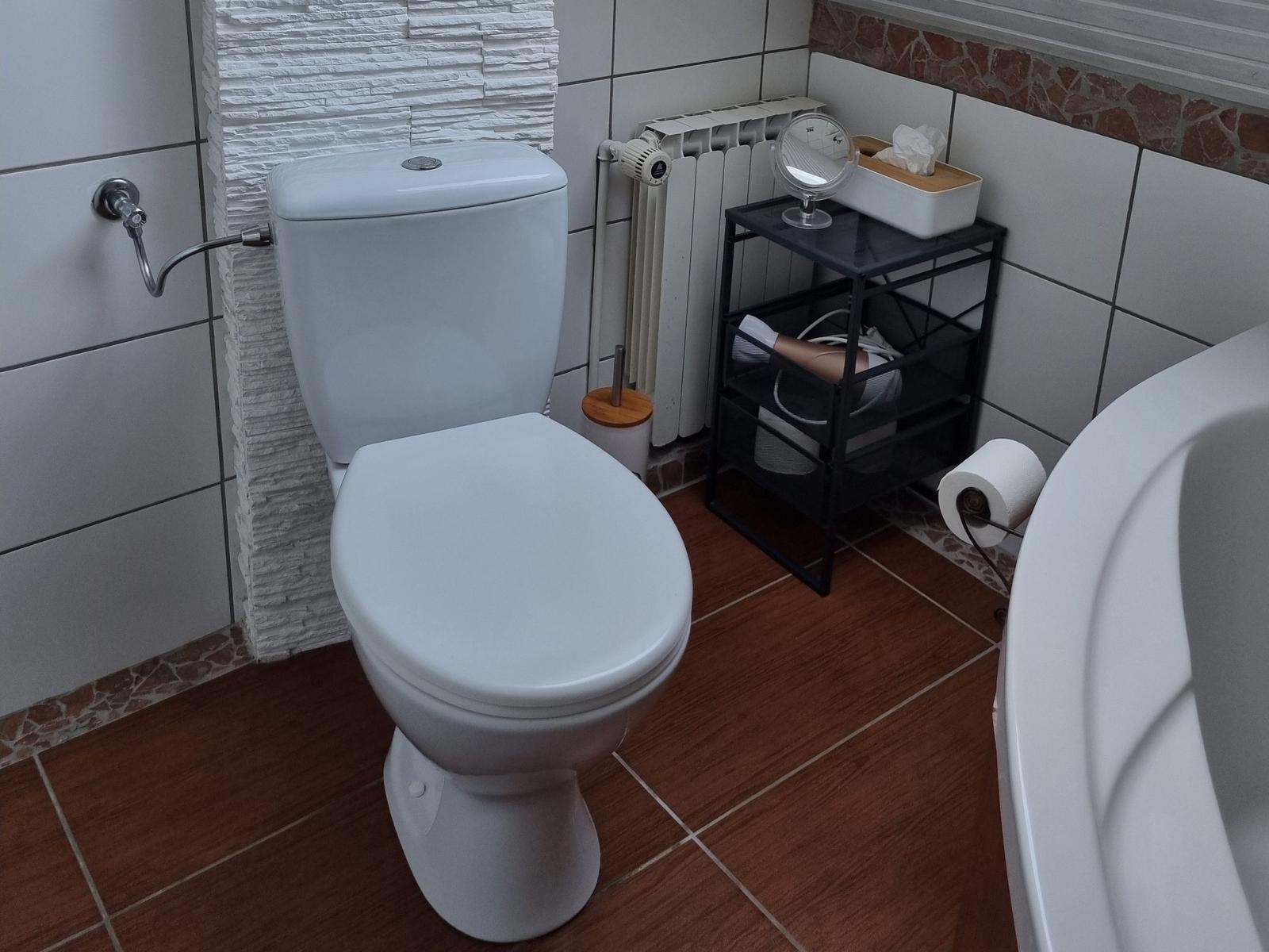 Toilet with bathtub, radiator, and shelf in the bathroom.