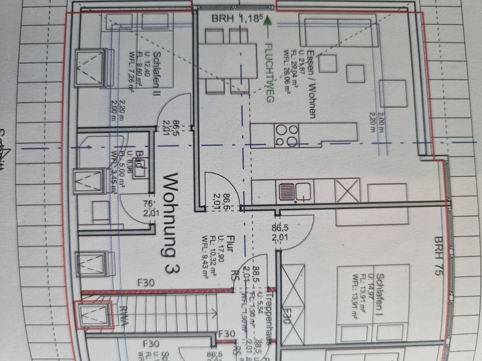 Apartment 3 with bedroom, bathroom, and living area with kitchen.