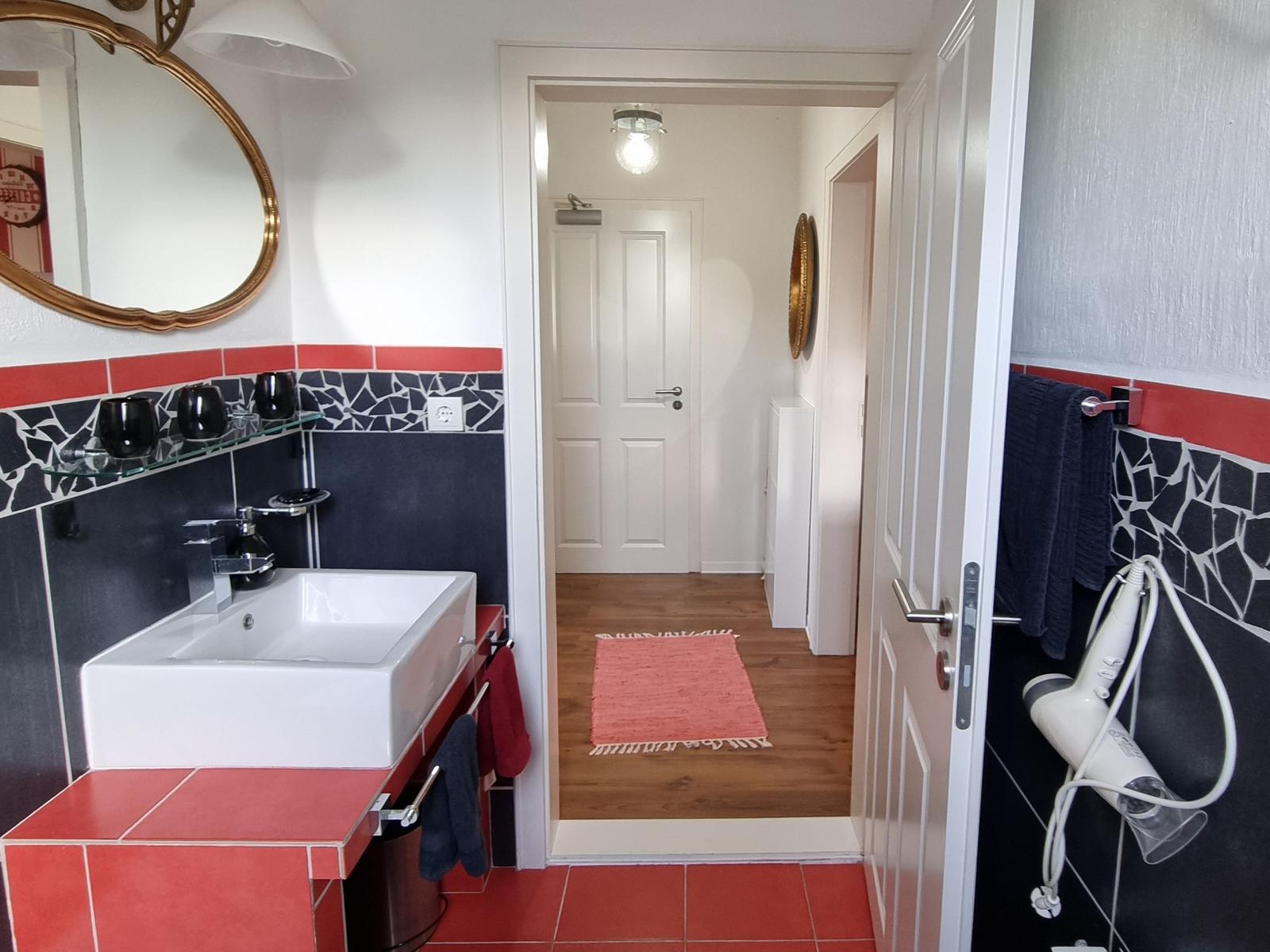 Bathroom with sink, mirror, and towel rack. Hallway to living area with wooden floor.