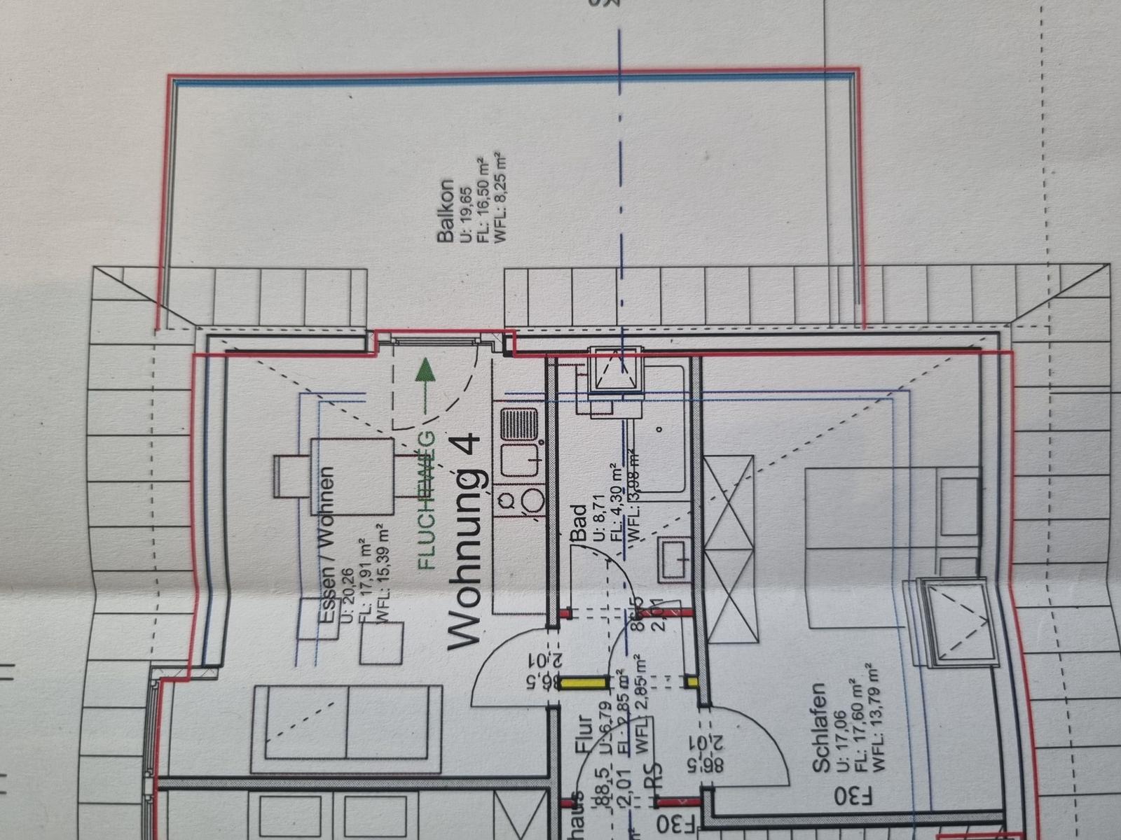 Apartment 4 with balcony, kitchen, bathroom, and bedroom. Areas marked.