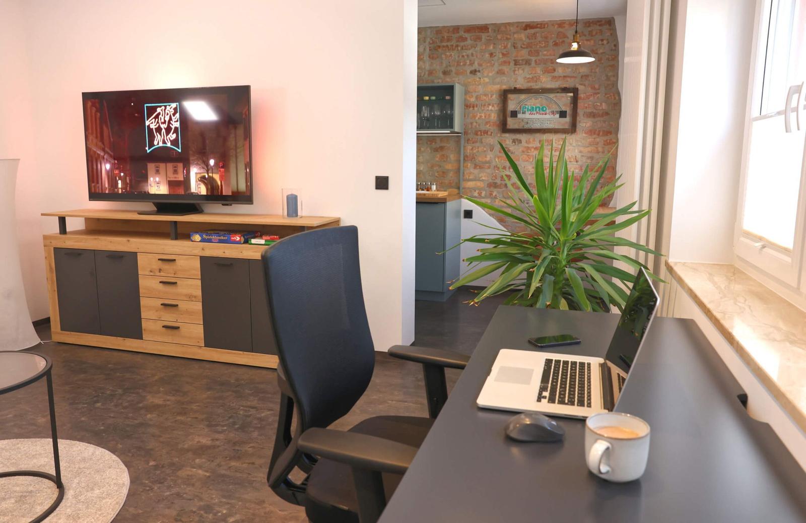 Television and excellent workspace in the living room of the holiday flat