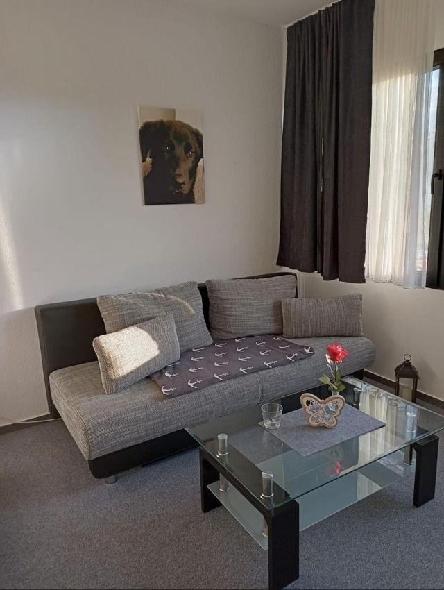 Wohnzimmer mit Sofa, Glas-Tisch und Wandbild eines Hundes.