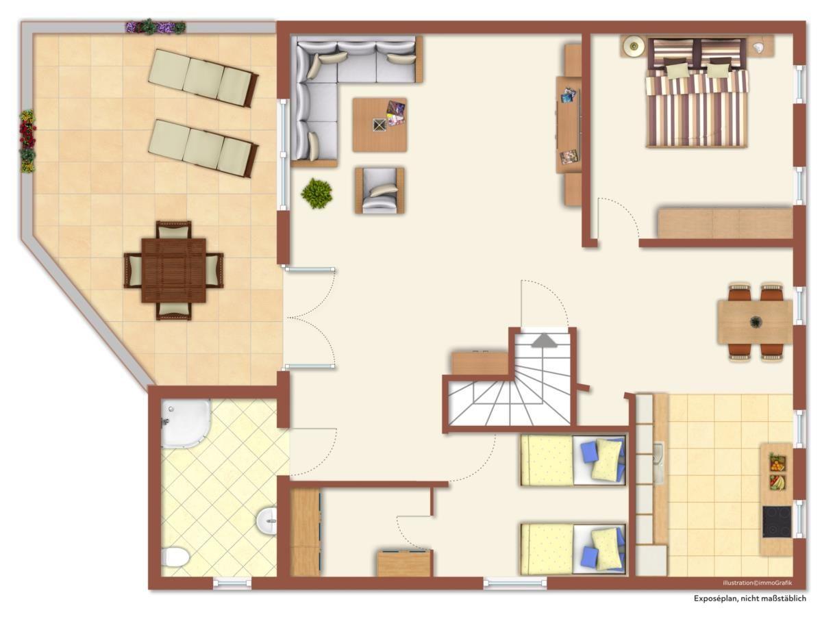 Dieses Haus hat eine Terrasse, Wohnbereich, Schlafzimmer, Küche und Bad.