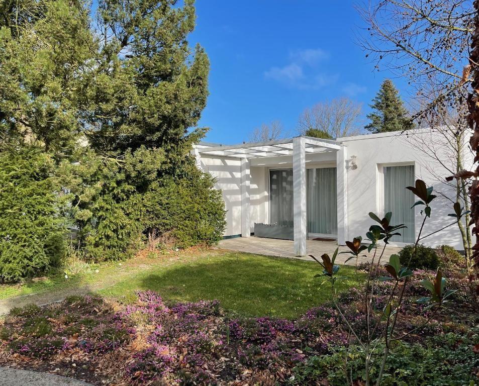 Weiße Villa mit Terrasse und Garten. Blick auf den Rasen und die Bäume.
