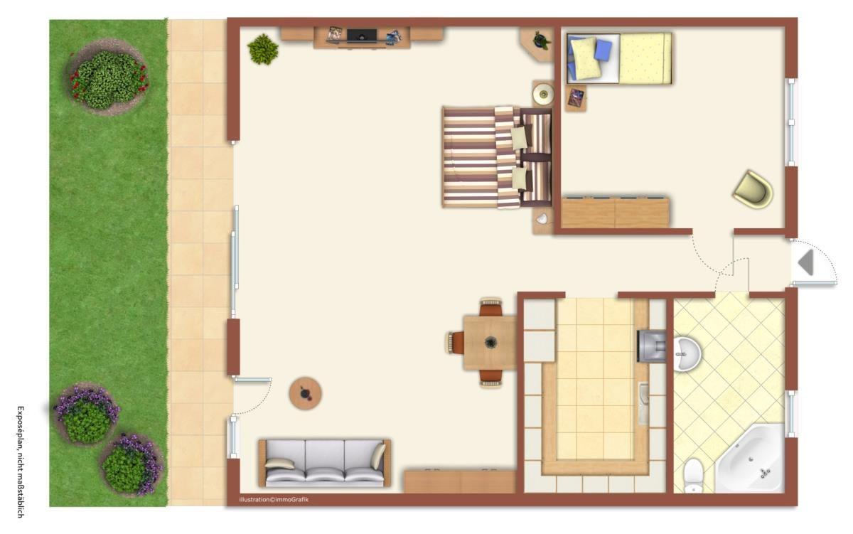 Wohnung mit Schlafzimmer, Bad und Terrasse. Küche und Wohnbereich sind integriert.