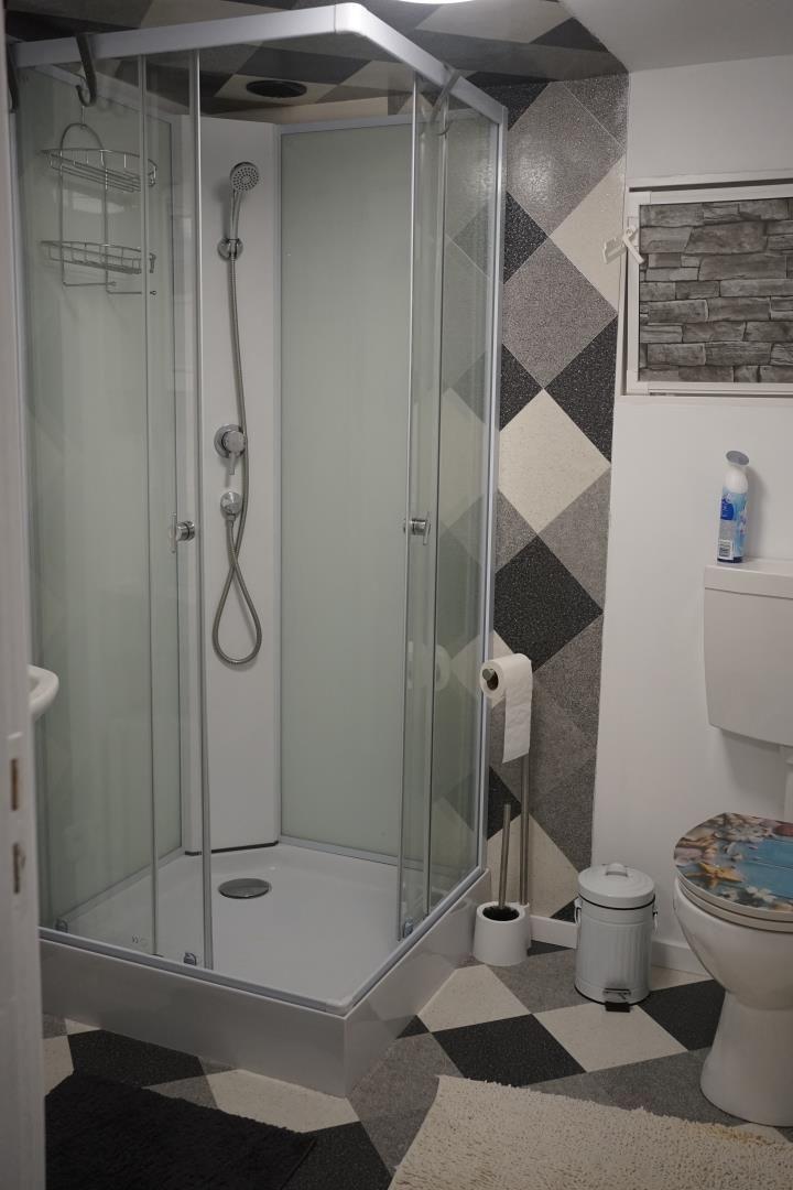 Bathroom with shower, toilet, and patterned floor