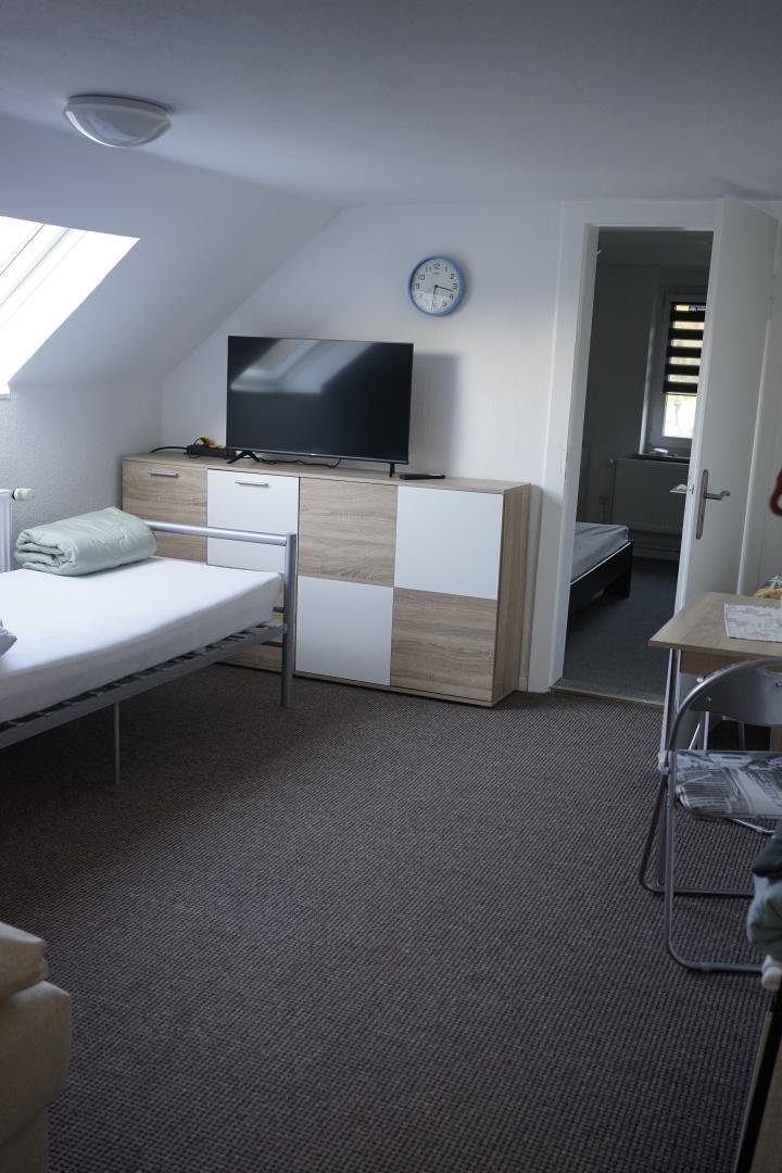 Bedroom with skylight, TV, and cabinet. Door leads to another room.