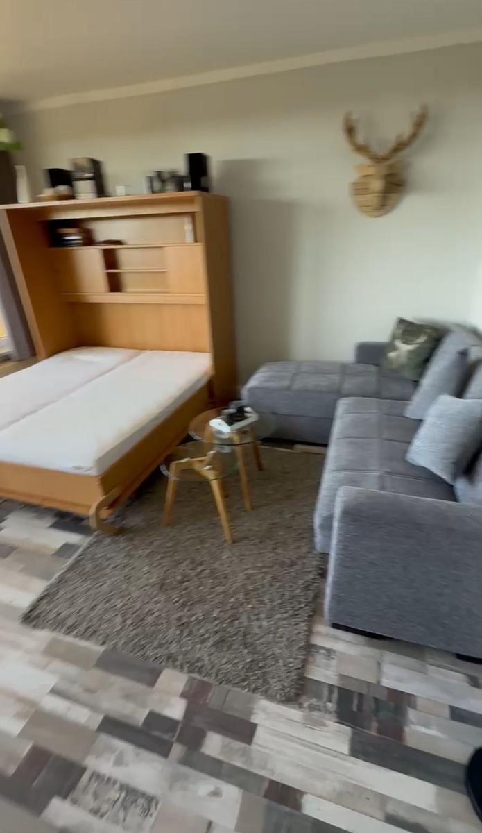 Wohnzimmer mit Sofa, Bett und Wanddekoration.