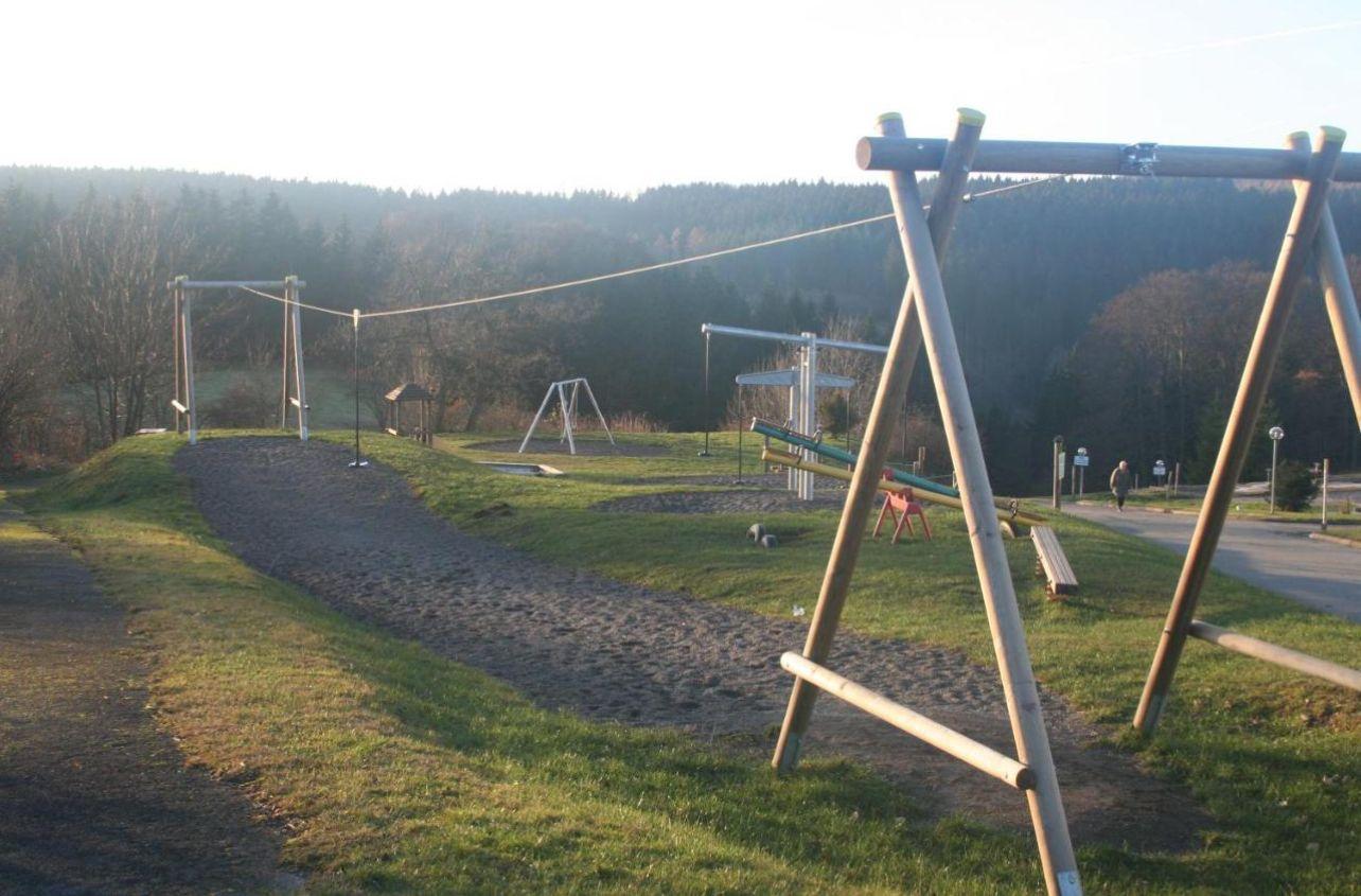 Spielplatz mit Schaukel und Klettergerüst auf grünem Gelände mit Wald im Hintergrund.