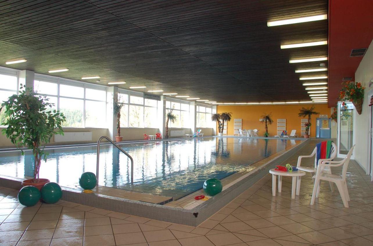 Innenpool mit Liegestühlen, Pflanzen und Spielzeug. Decke mit Holzverkleidung und Fensterfront.