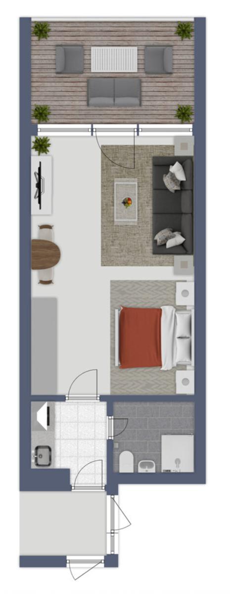 Wohnung mit Schlafzimmer, Wohnbereich, Küche und Bad. Terrasse mit Sitzgelegenheiten.