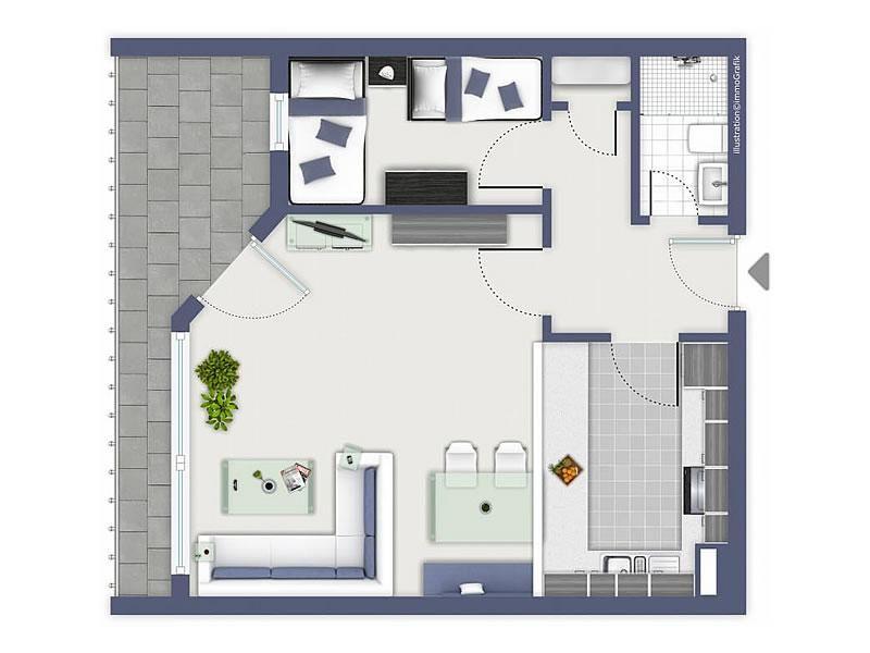 Zweizimmer-Wohnung mit Küche, Bad und Balkon. Wohn- und Schlafbereich separat.