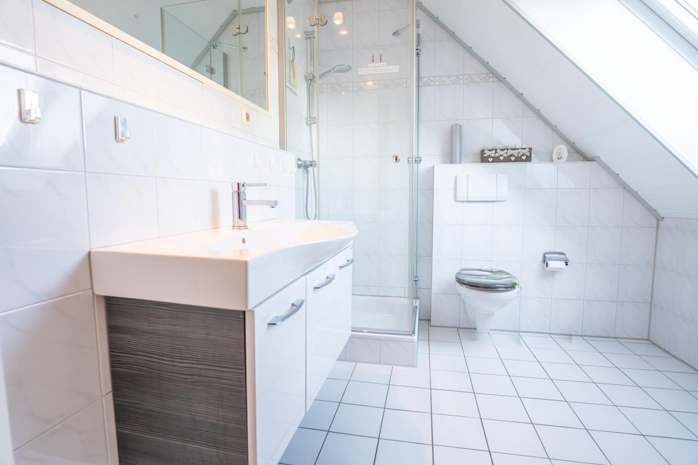 Badezimmer mit Dusche, Waschbecken und Toilette unter Dachschrägen.