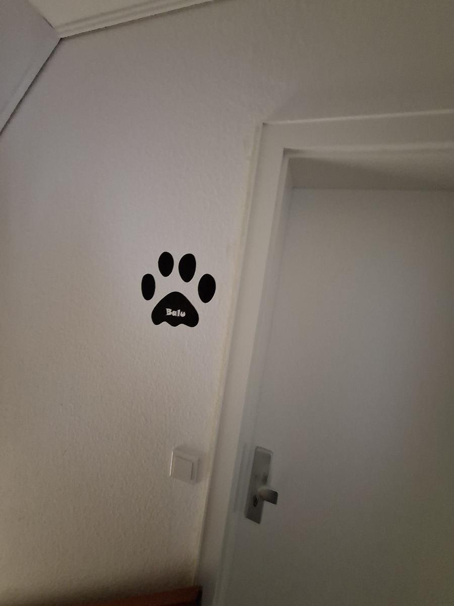 Wand mit Pfotenabdruck-Aufkleber und Tür