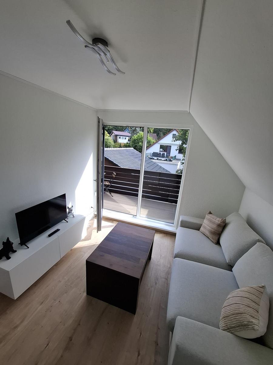 Wohnzimmer mit Sofa, TV und Balkonansicht. Holzboden und modernes Design.