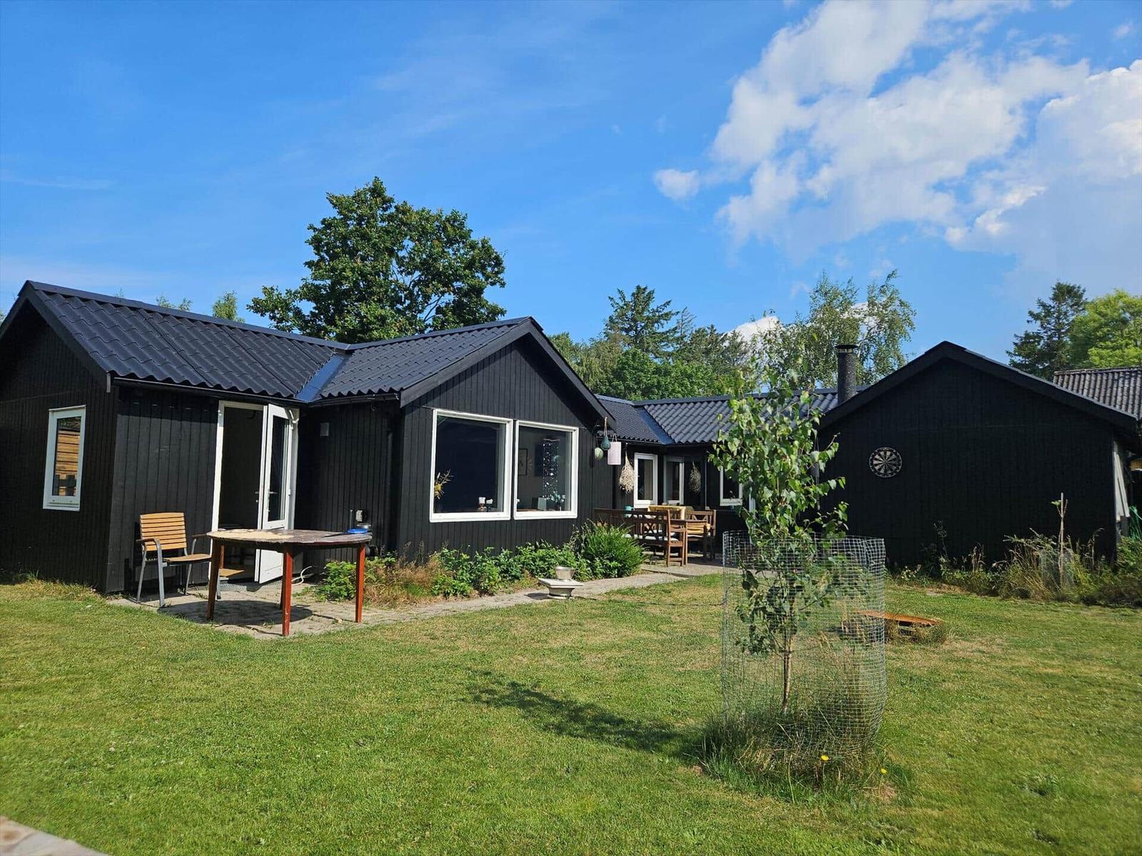Black wooden houses with terrace and garden under blue sky.