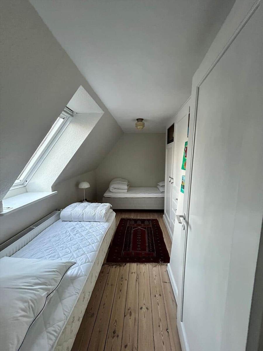 Room with two beds, wooden floor, and skylight. Small rug and closet.