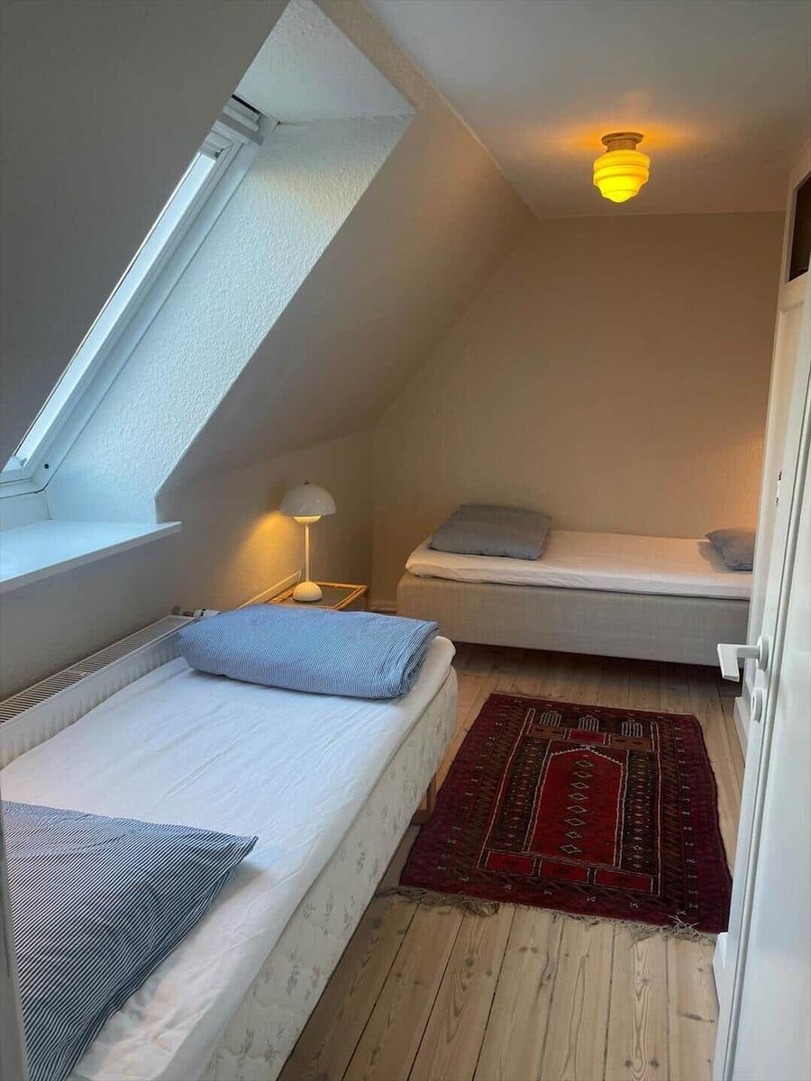 Room with two beds, skylight, and wooden floor. Rug and nightstand visible.