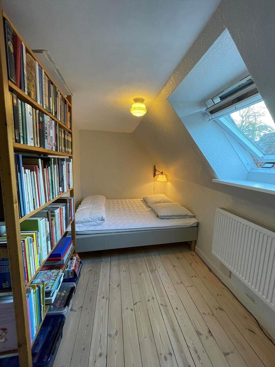 Bedroom with sloped ceiling, bed, bookshelf, and skylight.