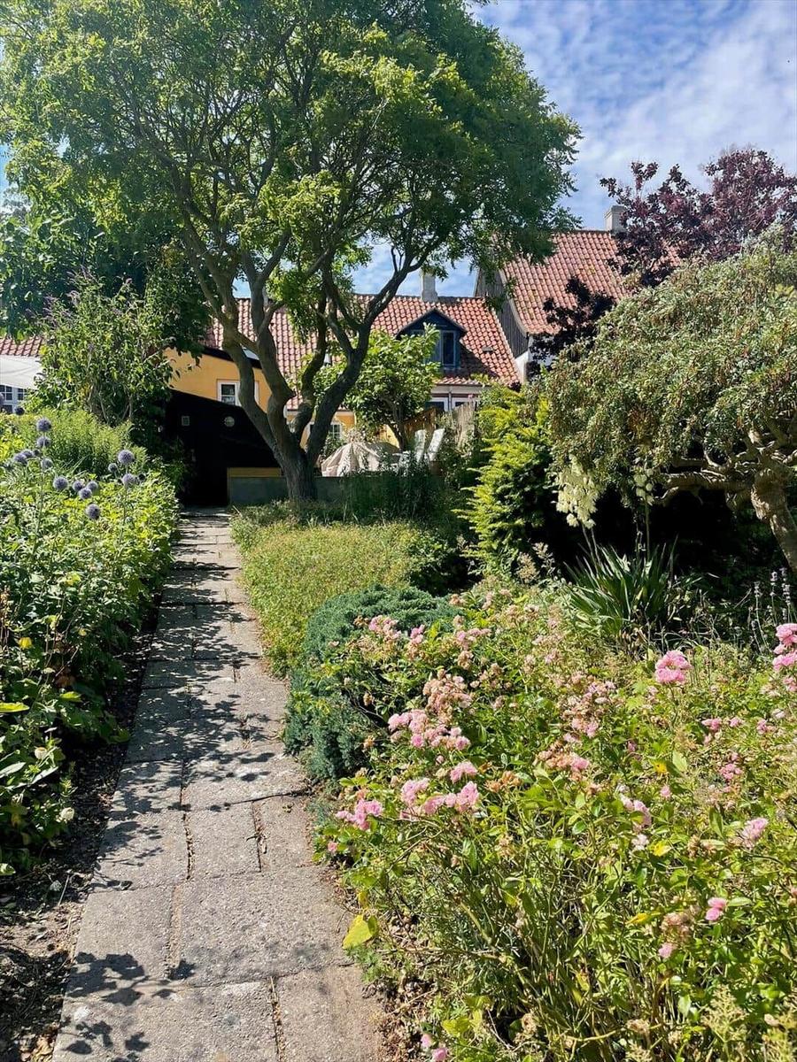Stone path through a garden with flowers and trees leads to a house with a red roof.
