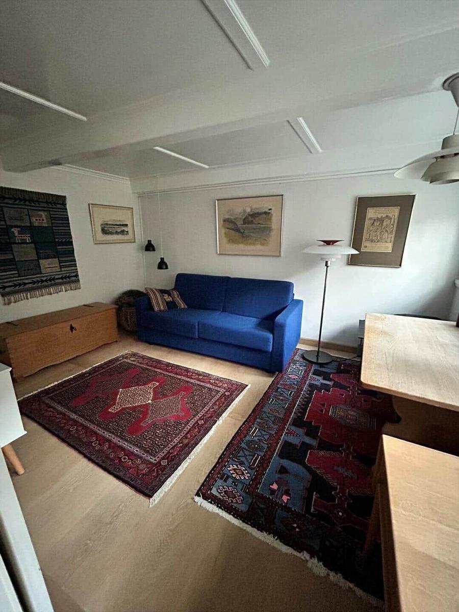 A living room with a blue sofa, two rugs, and wooden furniture.
