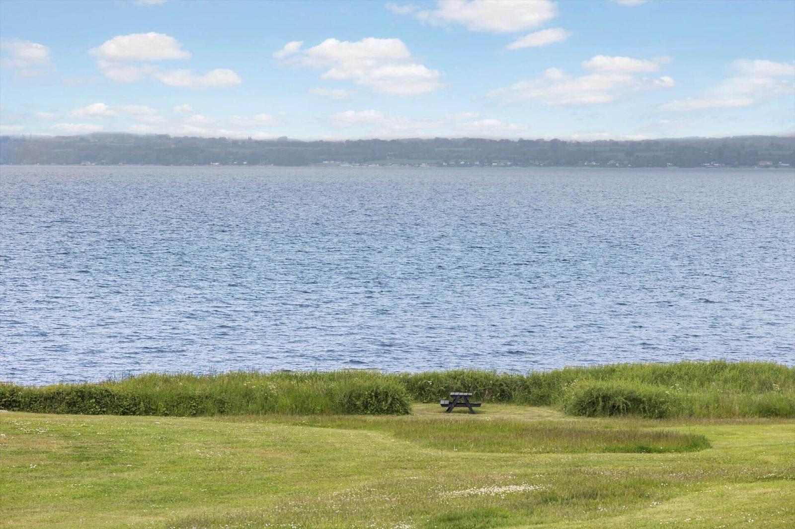 Ein Picknicktisch steht auf einer grünen Wiese am Ufer eines Sees unter blauem Himmel.