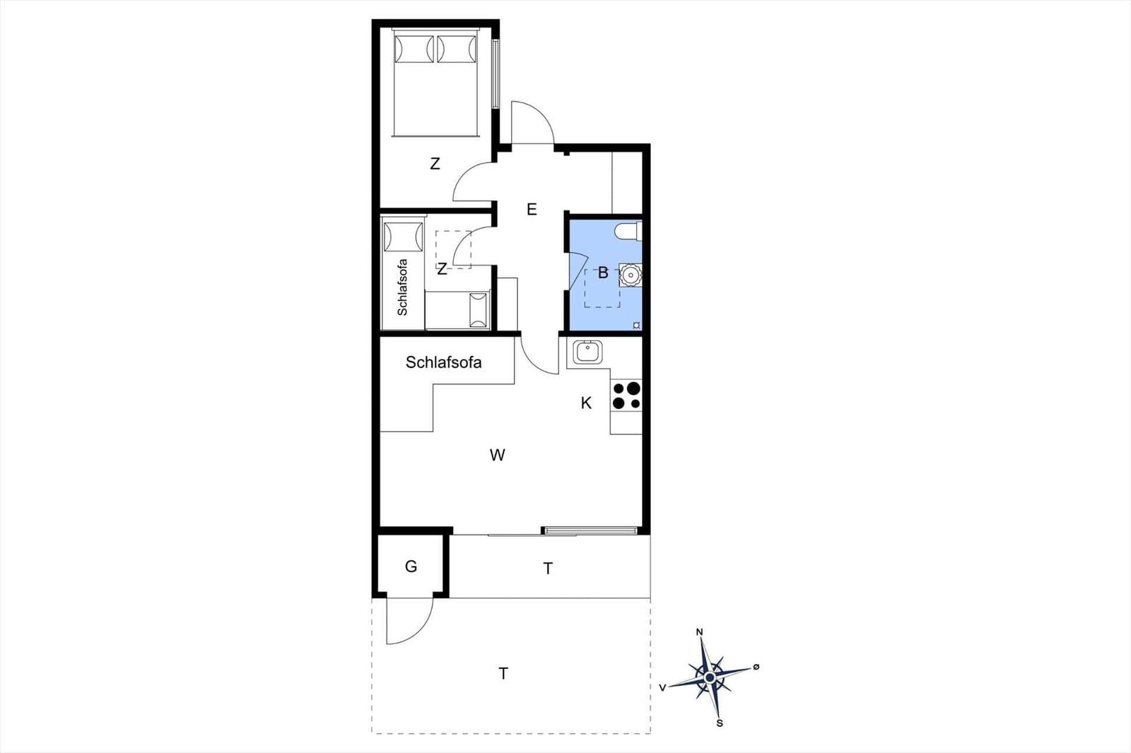 Wohnung mit Schlafzimmer, Küche und Bad. Raumübersicht mit Kompass.